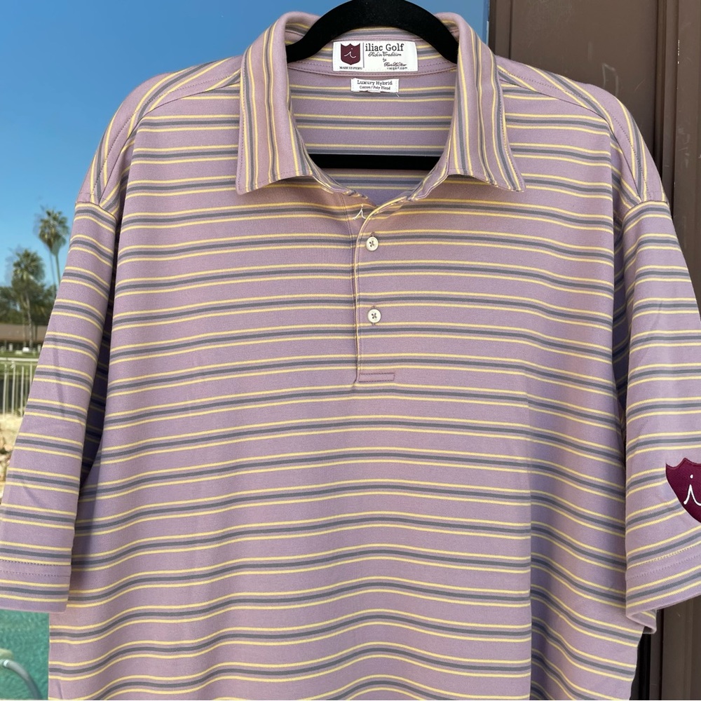 iliac Light Mauve with Grey and Yellow Stripes Golf Polo XL